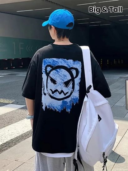 Baskılı Oversize Bisiklet Yaka T-shirt - Siyah resmi
